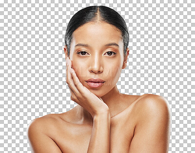 Buy stock photo Beauty, skincare and portrait of woman for wellness on isolated, png and transparent background. Dermatology, salon aesthetic and face of female person with natural cosmetics, makeup and glowing skin