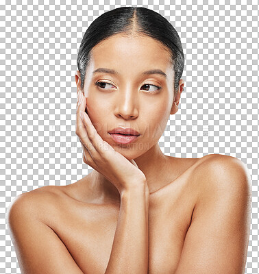 Buy stock photo Beauty, skincare and face of natural woman for wellness on isolated, png and transparent background. Dermatology, salon aesthetic and serious female person with cosmetics, makeup and glowing skin