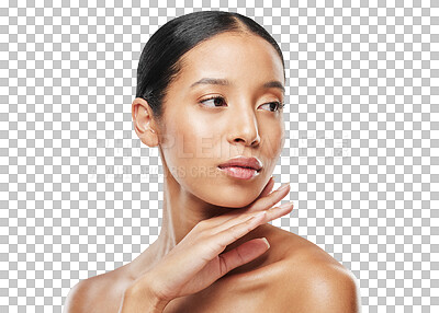 Buy stock photo Beauty, skincare and face of woman for satisfaction on isolated, png and transparent background. Dermatology, salon aesthetic and female person with natural cosmetics, makeup and glow for wellness