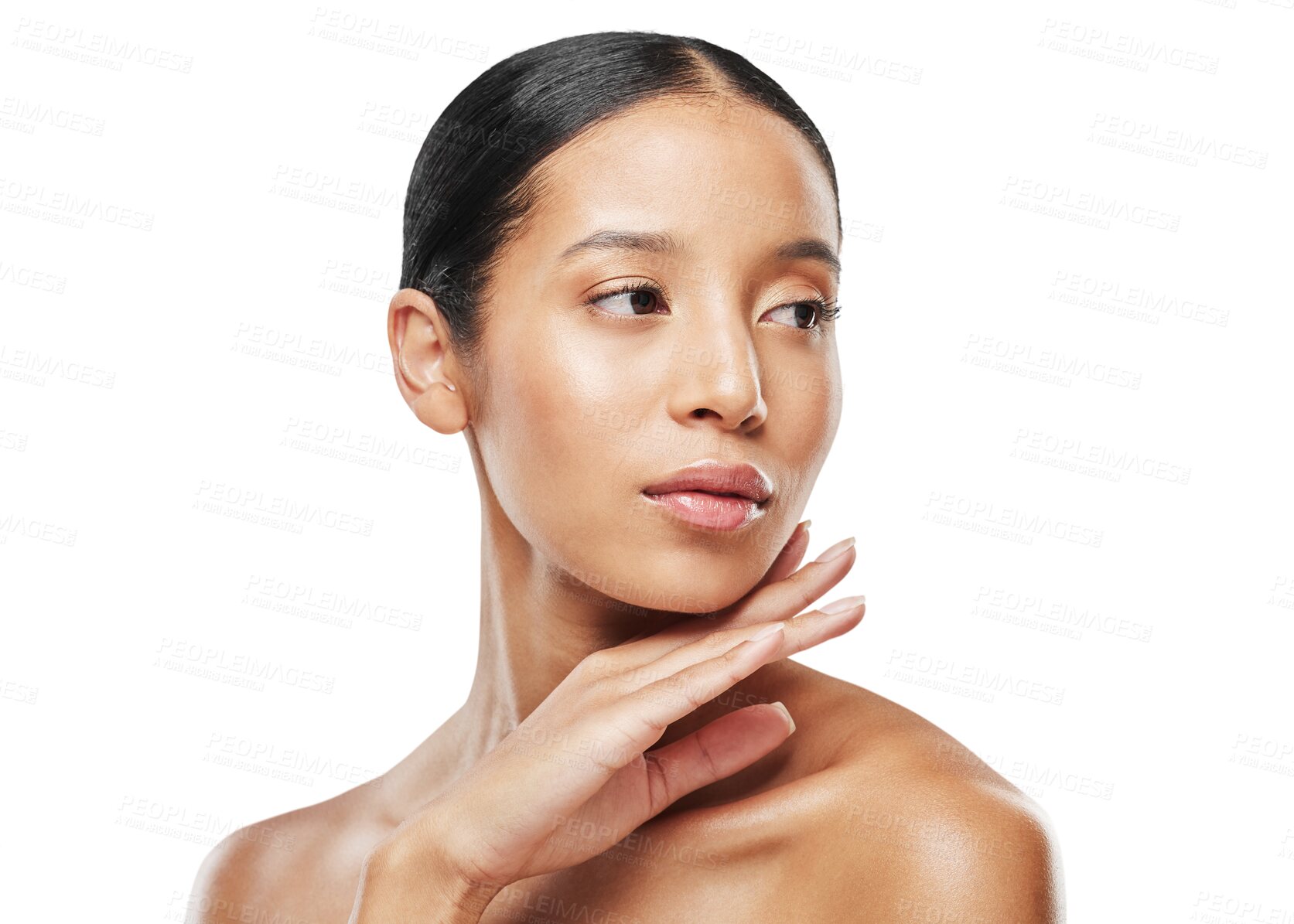 Buy stock photo Beauty, skincare and face of woman for satisfaction on isolated, png and transparent background. Dermatology, salon aesthetic and female person with natural cosmetics, makeup and glow for wellness