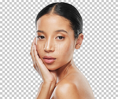 Buy stock photo Beauty, skincare and portrait of woman with hands on isolated, png and transparent background. Dermatology, salon aesthetic and face of female person with natural cosmetics, makeup and glowing skin