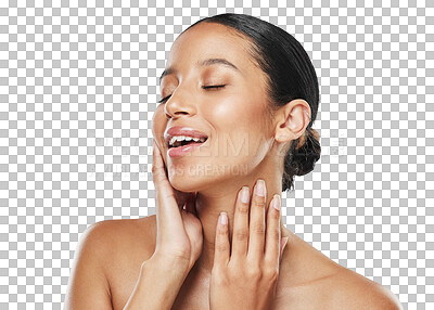 Buy stock photo Woman, glow and skincare with hands on face in png or isolated with transparent background in africa. Beauty, dermatology and self care with wellness or cosmetics with self love natural glow.