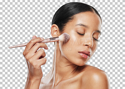 Buy stock photo Makeup, beauty and brush with face of woman on transparent background for cosmetics, foundation and glow. Blush, product and facial with person isolated on png for powder, self care and skincare