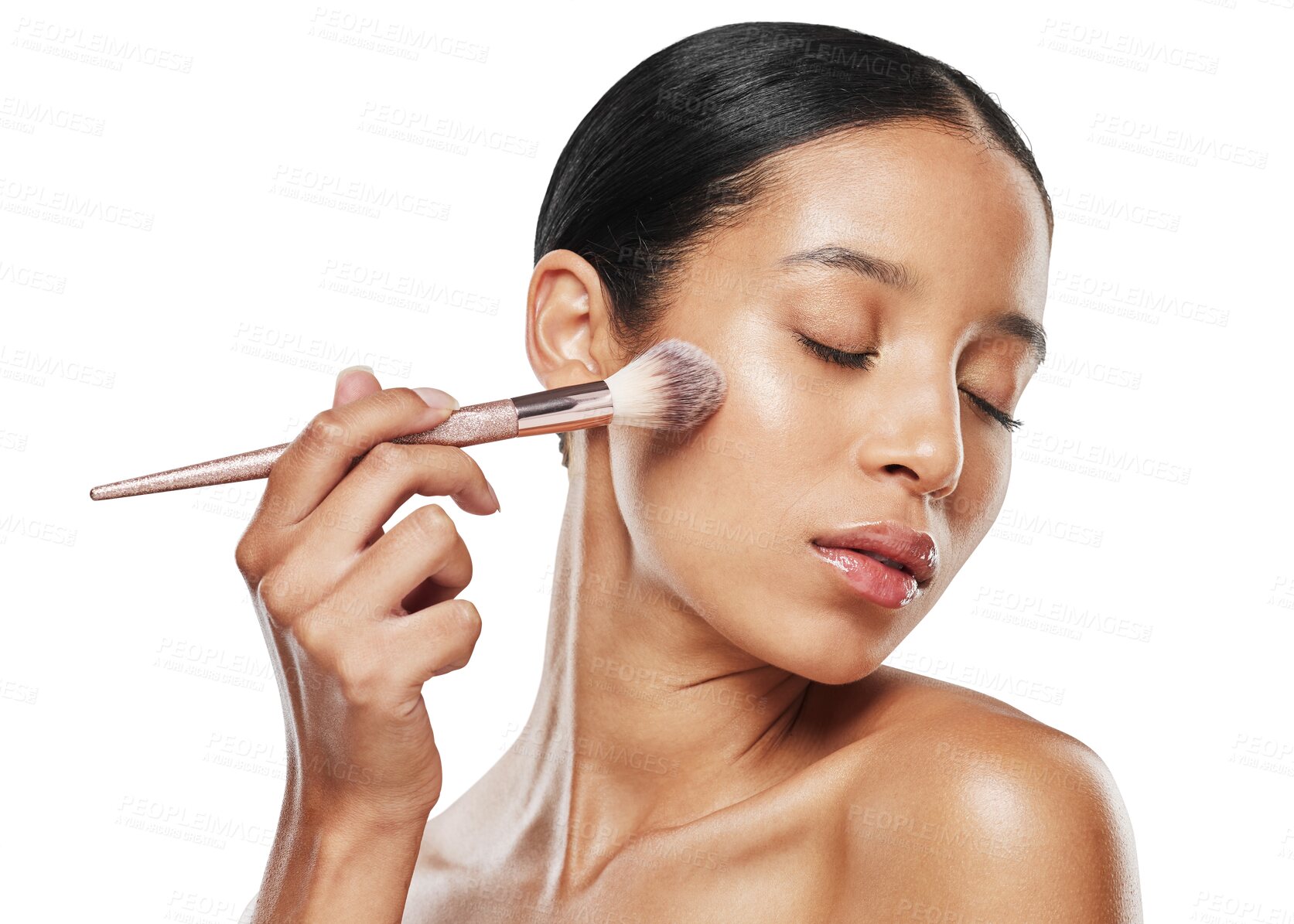 Buy stock photo Makeup, beauty and brush with face of woman on transparent background for cosmetics, foundation and glow. Blush, product and facial with person isolated on png for powder, self care and skincare