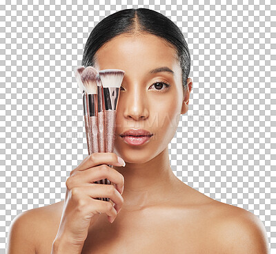 Buy stock photo Makeup, brush and face beauty of woman with product for cosmetic care isolated in a transparent or png background. Portrait, tools and young female person with cosmetics skincare and glamour