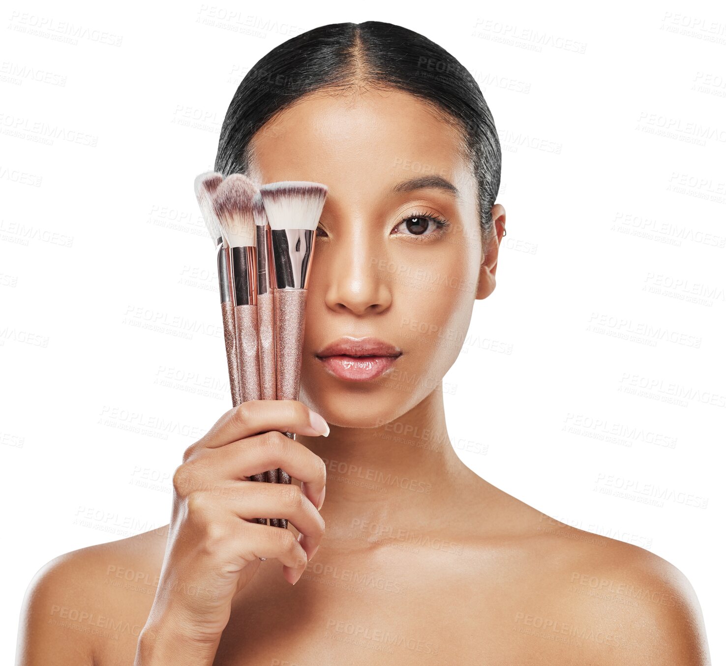 Buy stock photo Makeup, brush and face beauty of woman with product for cosmetic care isolated in a transparent or png background. Portrait, tools and young female person with cosmetics skincare and glamour