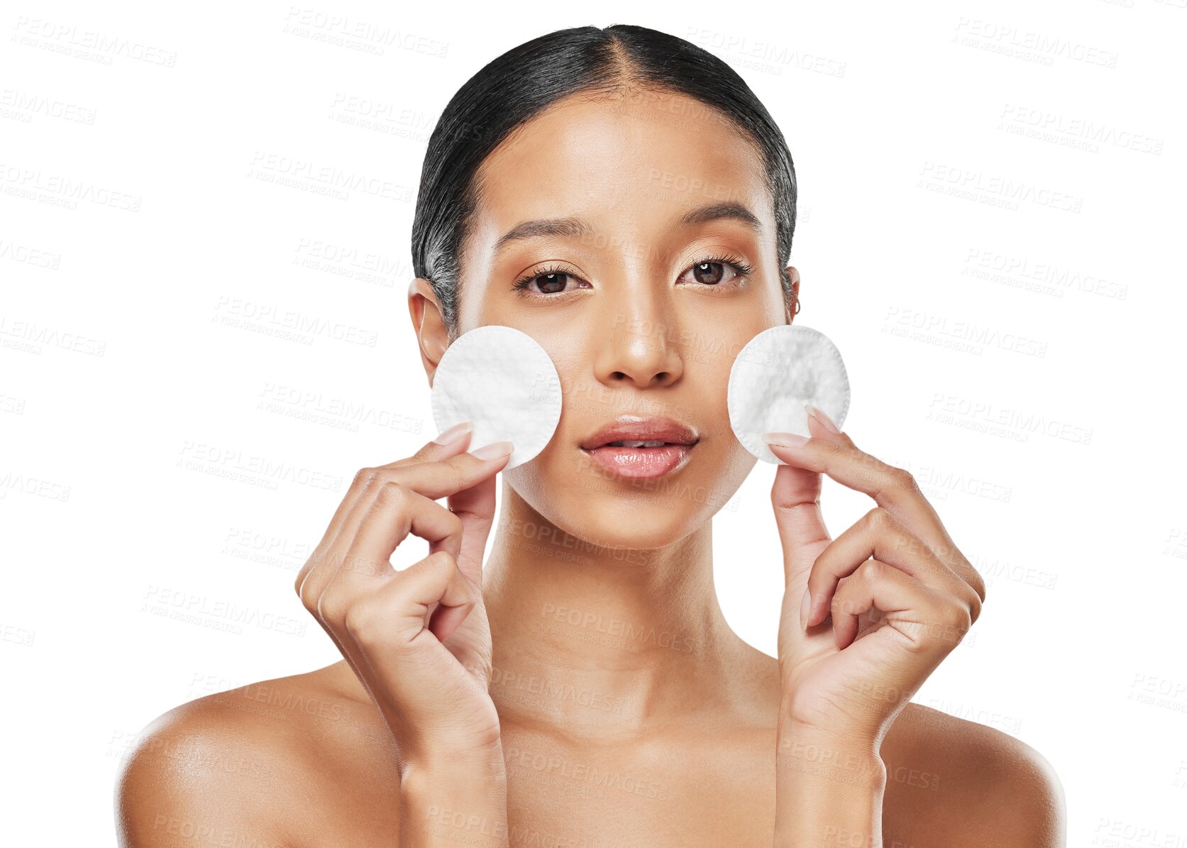 Buy stock photo Woman, portrait and cotton pads for face or makeup removal isolated on a transparent PNG background. Female person with swabs for dermatology, beauty cosmetics or cleaning in spa or facial treatment