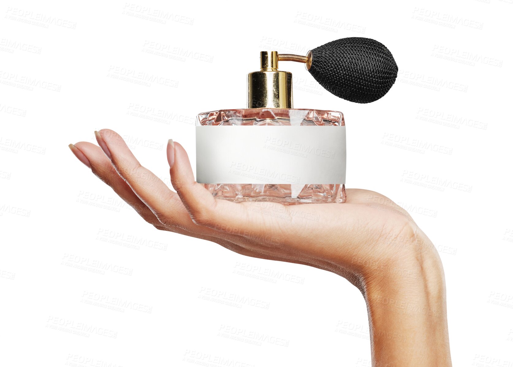 Buy stock photo Perfume, bottle in hand and fragrance, beauty and closeup isolated on transparent png background. Person with cosmetic product, scent and parfum, luxury cosmetics and glass container with fresh smell