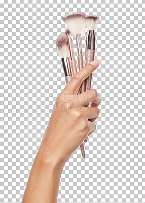 Buy stock photo Makeup, brush and beauty with hand of woman on transparent background for spa, cosmetics and product. Facial, foundation and blush with closeup of person and tools isolated on png for salon and glow