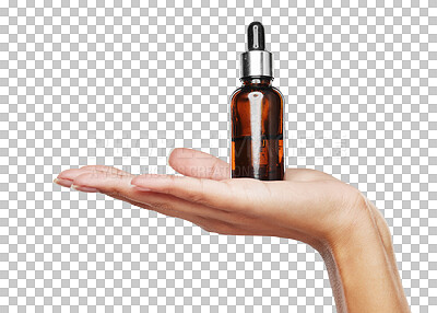 Buy stock photo Product, hand and serum with anti aging for woman in png or isolated and transparent background. Beauty, skincare and bottle with oil and female hands for advertising or promotion for beauty.