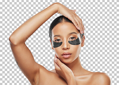 Buy stock photo Woman, portrait and eye patches for facial treatment isolated on a transparent PNG background. Face of female person with pads under eyes touching skin in anti aging, collagen cosmetics or beauty spa