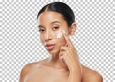 Buy stock photo Beauty, skincare and cream with portrait of woman on transparent background for facial, cosmetics and sunscreen. Product, lotion and spa treatment with face of person isolated on png for self care