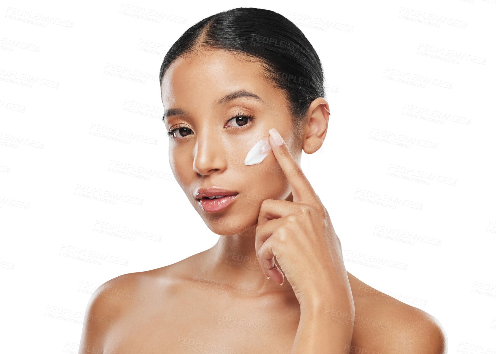 Buy stock photo Beauty, skincare and cream with portrait of woman on transparent background for facial, cosmetics and sunscreen. Product, lotion and spa treatment with face of person isolated on png for self care