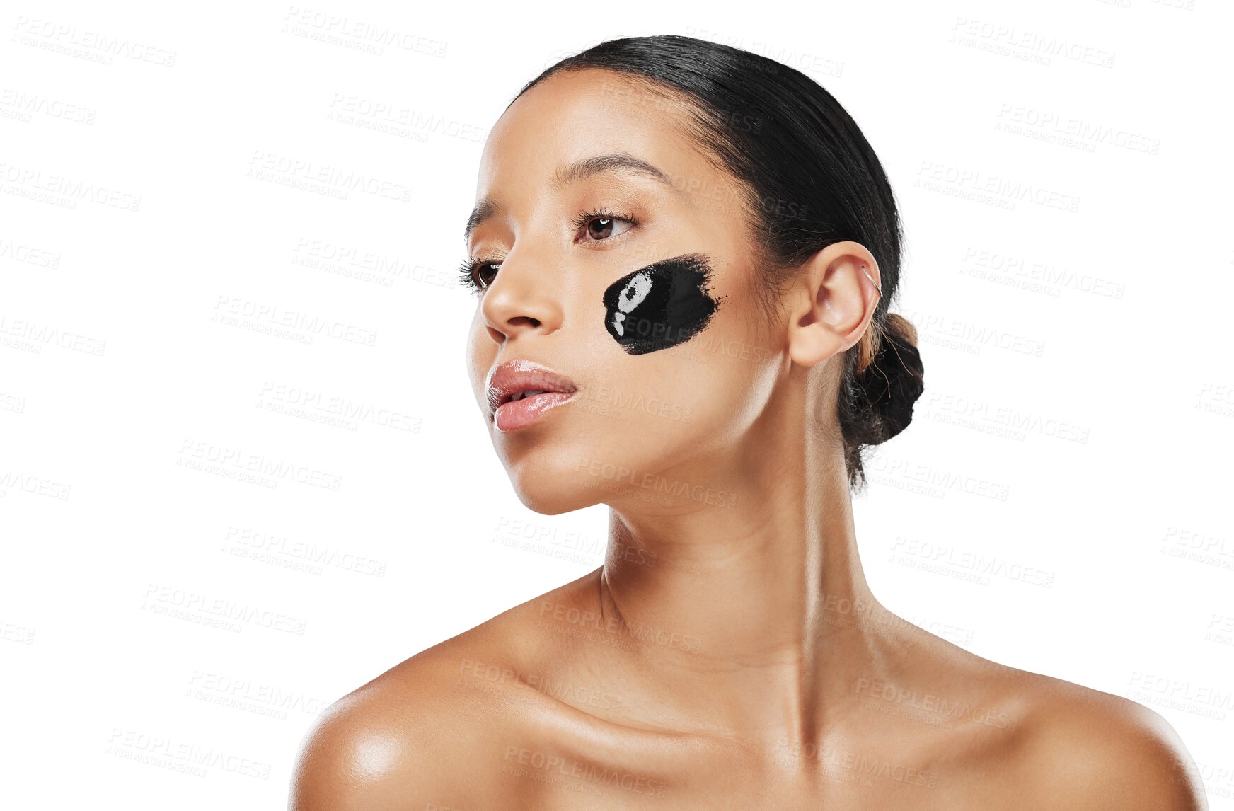 Buy stock photo Woman, face mask and beauty in skincare cosmetics isolated on a transparent PNG background. Female person with luxury product creme, collagen or detox in spa, glow or facial treatment for hydration