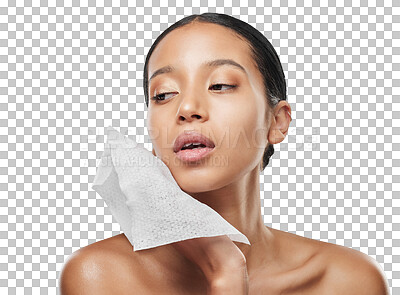 Buy stock photo Woman, wipe and cleaning face for skincare hygiene or beauty isolated on a transparent PNG background. Female person with cloth for makeup removal, cosmetics or fabric to dry, clean skin or facial