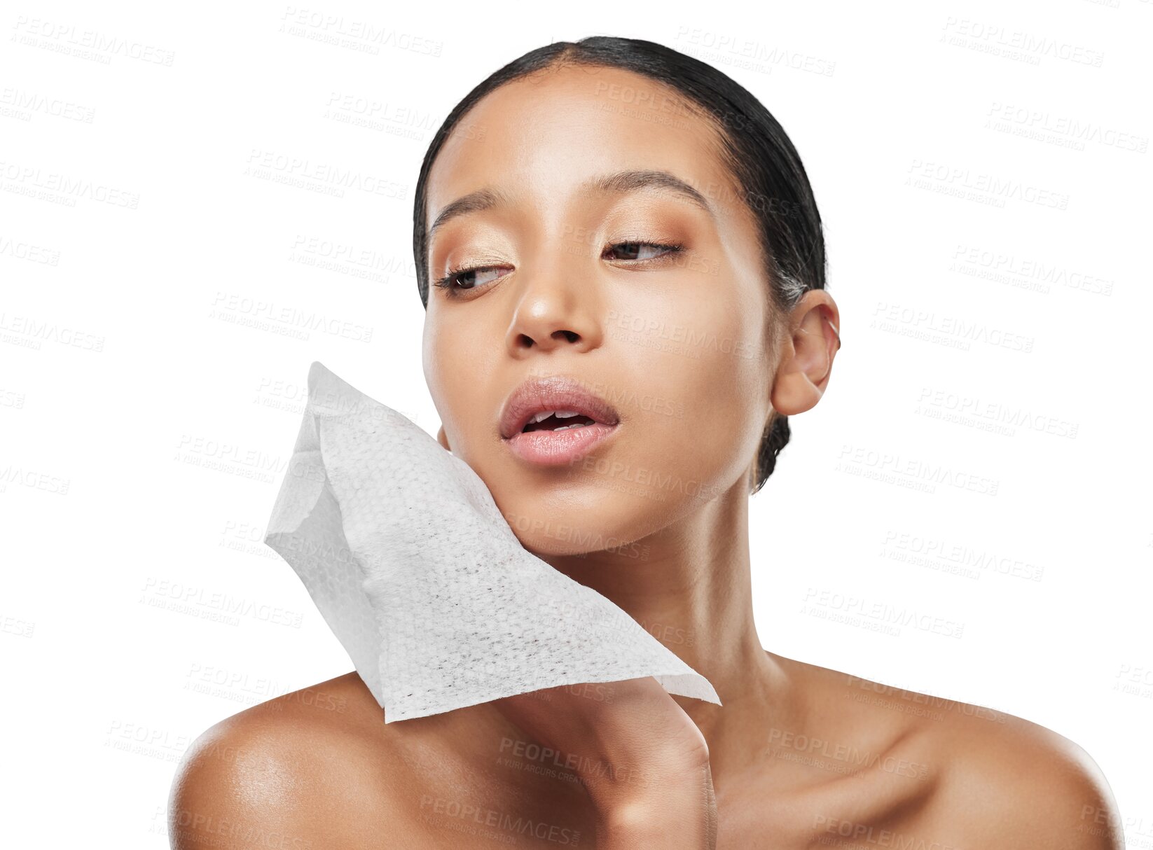 Buy stock photo Woman, wipe and cleaning face for skincare hygiene or beauty isolated on a transparent PNG background. Female person with cloth for makeup removal, cosmetics or fabric to dry, clean skin or facial