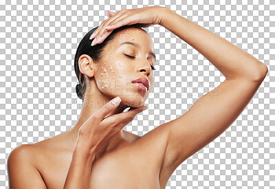 Buy stock photo Beauty, scrub and woman with natural salt for skincare or cosmetics care isolated in a transparent or png background. Exfoliate, facial treatment and young female person with glow skin and face