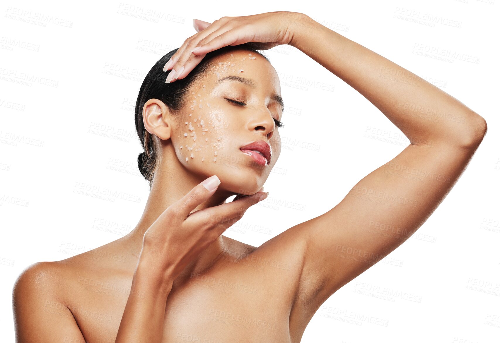 Buy stock photo Beauty, scrub and woman with natural salt for skincare or cosmetics care isolated in a transparent or png background. Exfoliate, facial treatment and young female person with glow skin and face