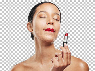 Buy stock photo Woman, red lipstick and beauty makeup in cosmetics or skincare isolated on a transparent PNG background. Face of female person or model with facial product or color in confidence, self love or care