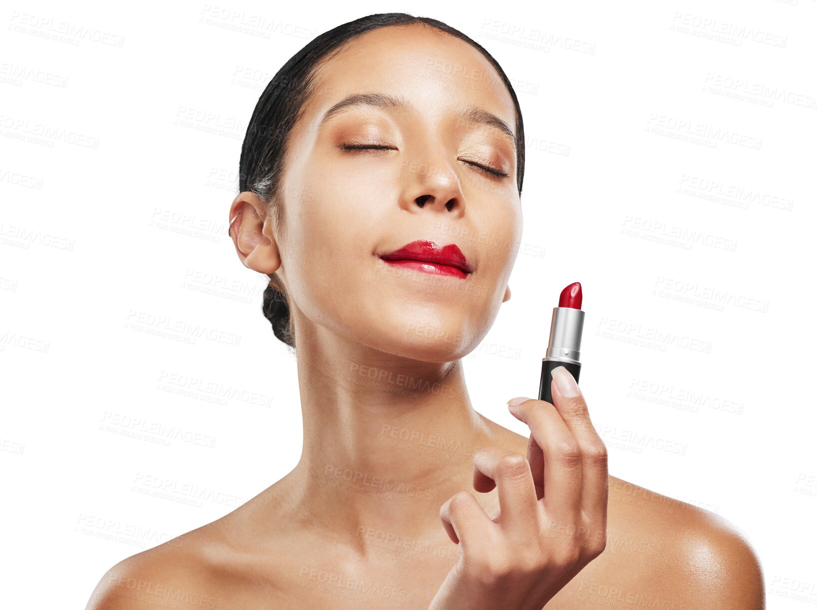 Buy stock photo Woman, red lipstick and beauty makeup in cosmetics or skincare isolated on a transparent PNG background. Face of female person or model with facial product or color in confidence, self love or care