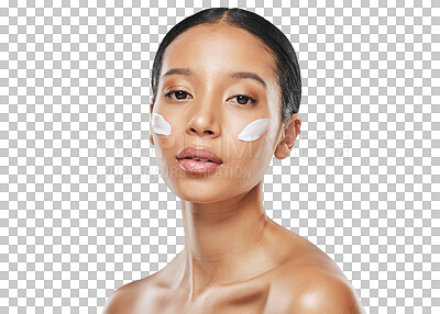 Buy stock photo Face, moisturiser cream and portrait with woman for skincare in png or isolated and transparent background. Beauty, dermatology and glowing skin with facial product or moisturising lotion for glow.