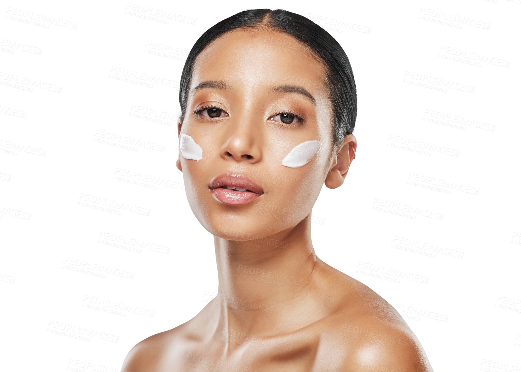 Buy stock photo Face, moisturiser cream and portrait with woman for skincare in png or isolated and transparent background. Beauty, dermatology and glowing skin with facial product or moisturising lotion for glow.