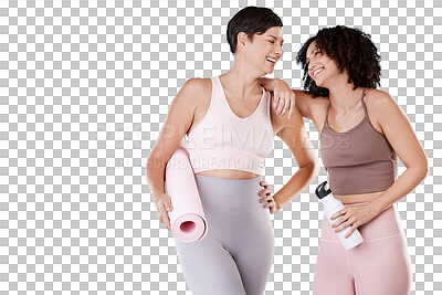 Buy stock photo Yoga fitness, girl friends or people laughing on workout, exercise or training break together. Funny, friendship or happy women ready for pilates or wellness isolated on transparent png background