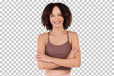 Buy stock photo Fitness, arms crossed or portrait of happy woman on workout, exercise or training break for wellness. Smile, personal trainer or healthy girl ready to start isolated on transparent png background 