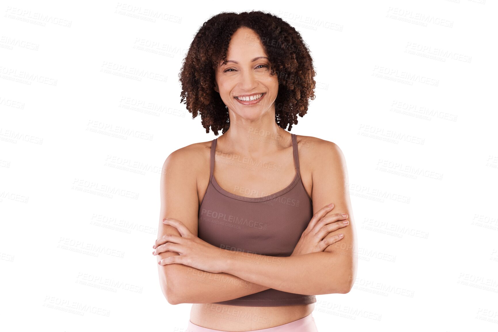 Buy stock photo Fitness, arms crossed or portrait of happy woman on workout, exercise or training break for wellness. Smile, personal trainer or healthy girl ready to start isolated on transparent png background 