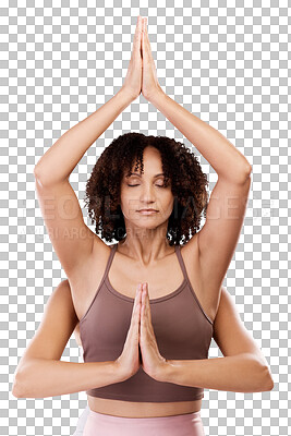 Buy stock photo Yoga, fitness and peace with friends and meditation on transparent background for zen, spiritual and healing. Workout, breathing and relax with women isolated on png for wellness, faith and pilates