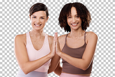 Buy stock photo Yoga, fitness and high five with portrait of friends on transparent background for zen, spiritual and healing. Workout, breathing and relax with women isolated on png for wellness, faith and pilates