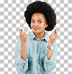 Luck, woman portrait and hands and fingers crossed with hope and in a studio. Isolated, gray background and young female model with hopeful face and emoji hand sign hopeful and waiting for win