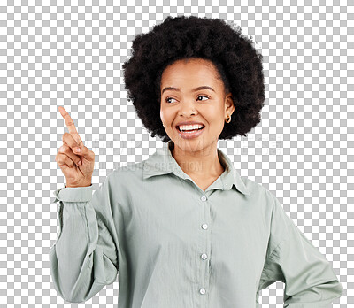 Buy stock photo Happiness, advertising smile and woman point, gesture or show sale news, service choice or promotion announcement. Notification, discount and African person isolated on transparent, png background