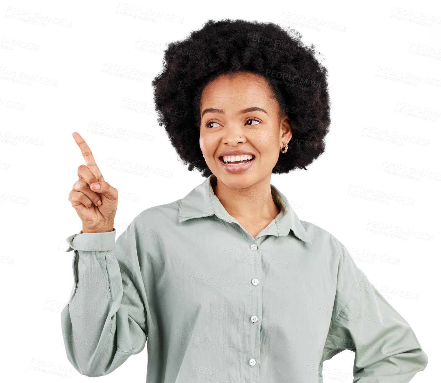 Buy stock photo Happiness, advertising smile and woman point, gesture or show sale news, service choice or promotion announcement. Notification, discount and African person isolated on transparent, png background