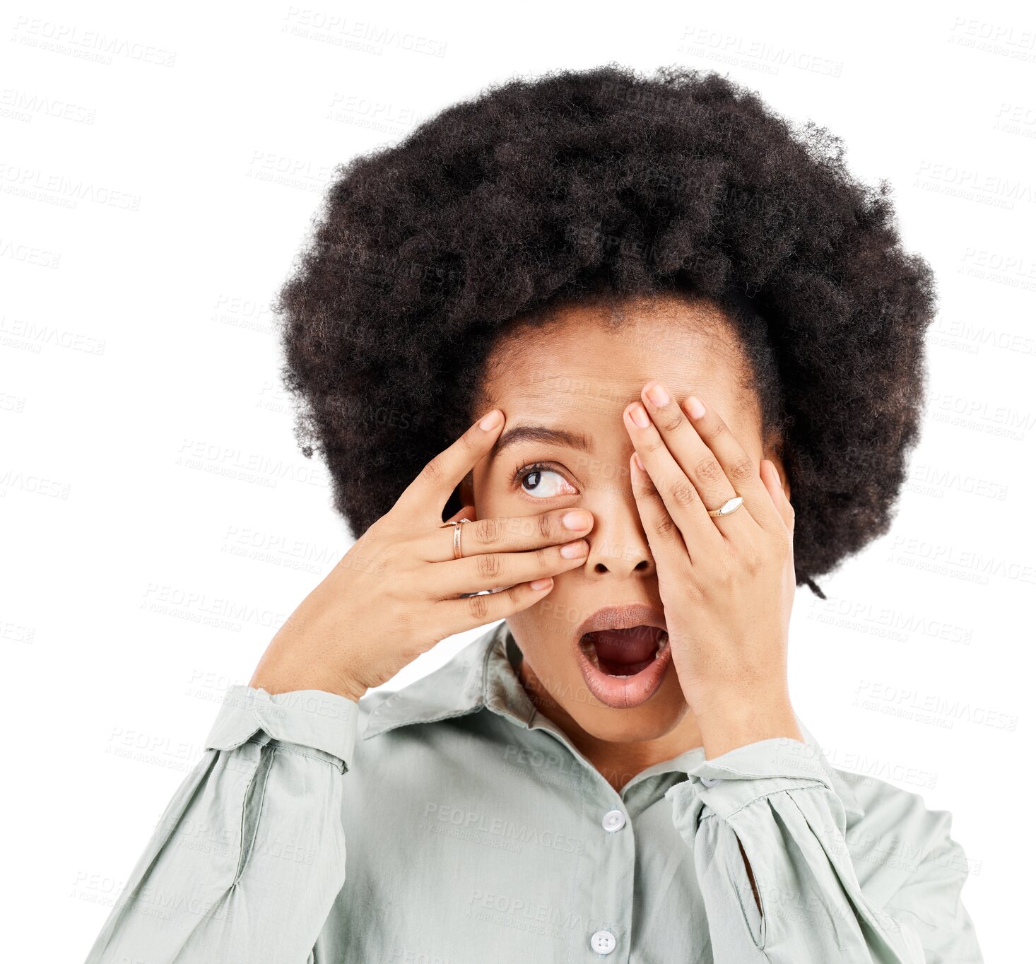 Buy stock photo Shocked, fear and hide with face of black woman on transparent background for announcement, horror and news. Surprise, eye and hand on female person isolated on png for secret, deal and gossip