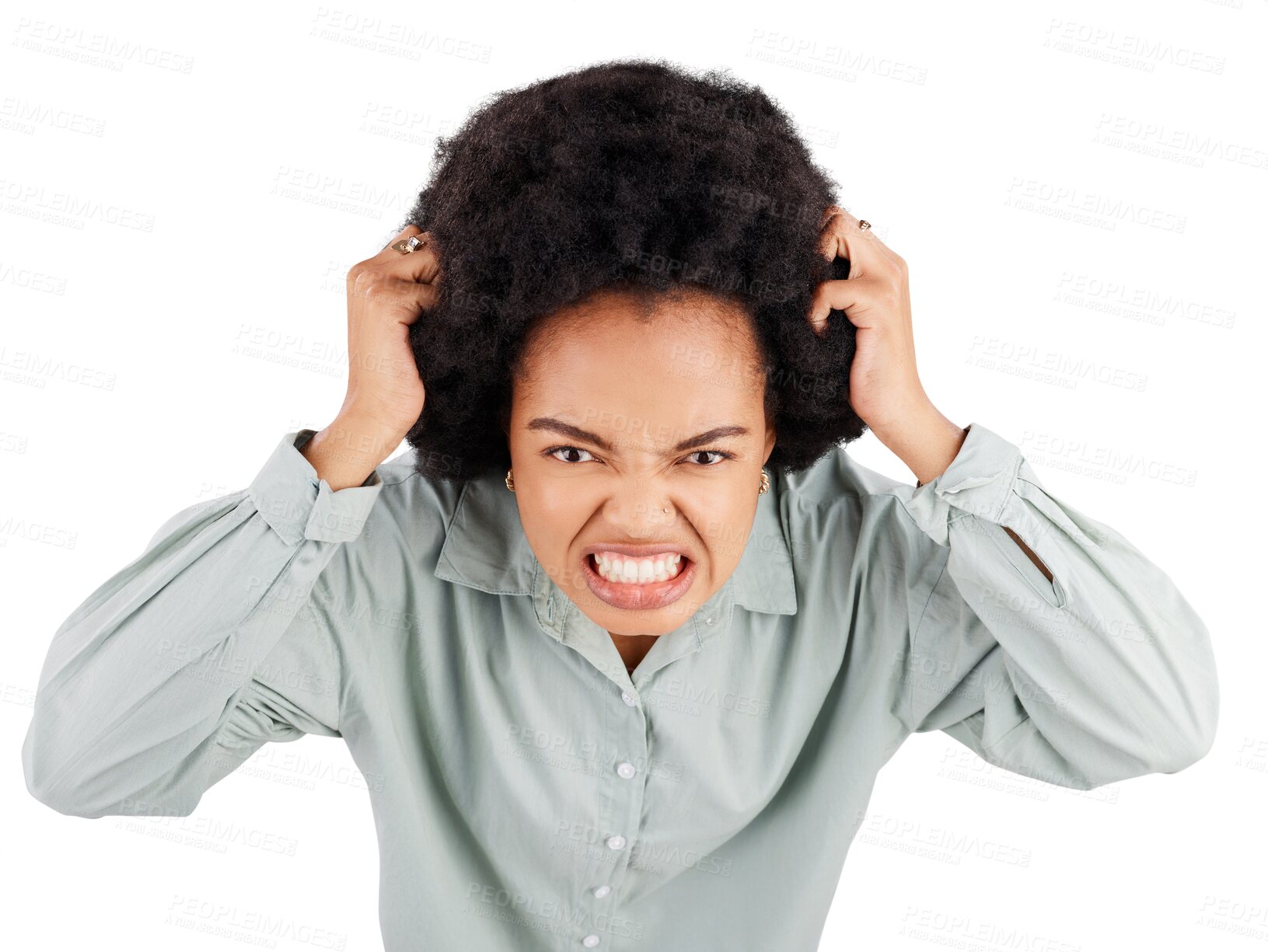 Buy stock photo Stress, headache and portrait of angry black woman on isolated, transparent or png background. Noise, face and African female person with anxiety, vertigo or tinnitus, brain fog or frustrated emoji