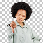 Portrait, thumbs down and black woman serious in studio isolated on a white background. Hand gesture, person or female with dislike emoji, negative opinion or no, rejection or failure, vote or wrong.