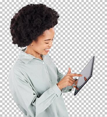 Buy stock photo Tablet, search and smile with black woman on transparent background for social media, networking and internet. Technology, online and digital with person isolated on png for streaming and browsing