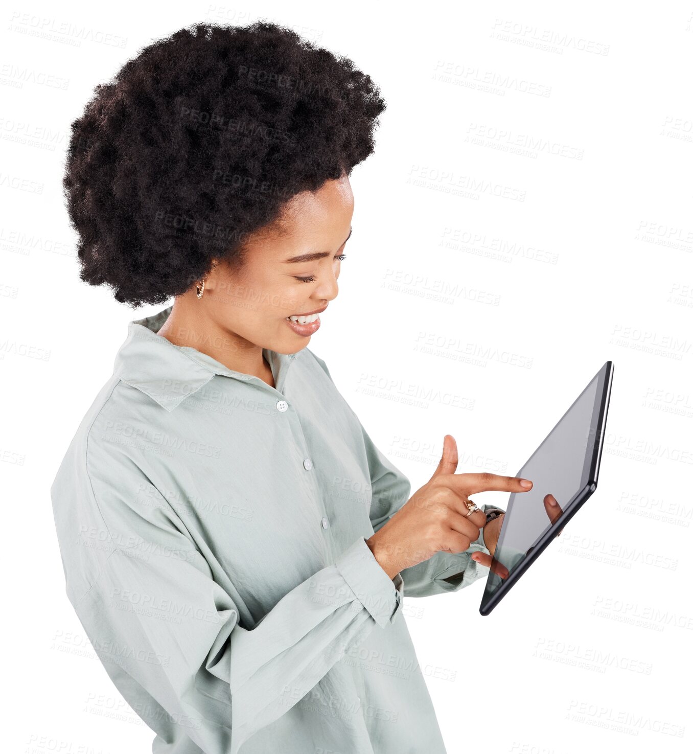 Buy stock photo Tablet, search and smile with black woman on transparent background for social media, networking and internet. Technology, online and digital with person isolated on png for streaming and browsing