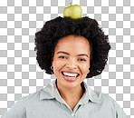 Apple on head, balance and portrait of black woman in studio for nutrition, wellness and healthy snack. Food, diet and girl smile with fruit for detox, vitamins and weight loss on white background