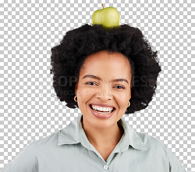 Buy stock photo Portrait, apple and happy black woman with healthy eating, diet or balance on isolated, transparent or png background. Fruit, face and African lady nutritionist with organic snack or lose weight plan