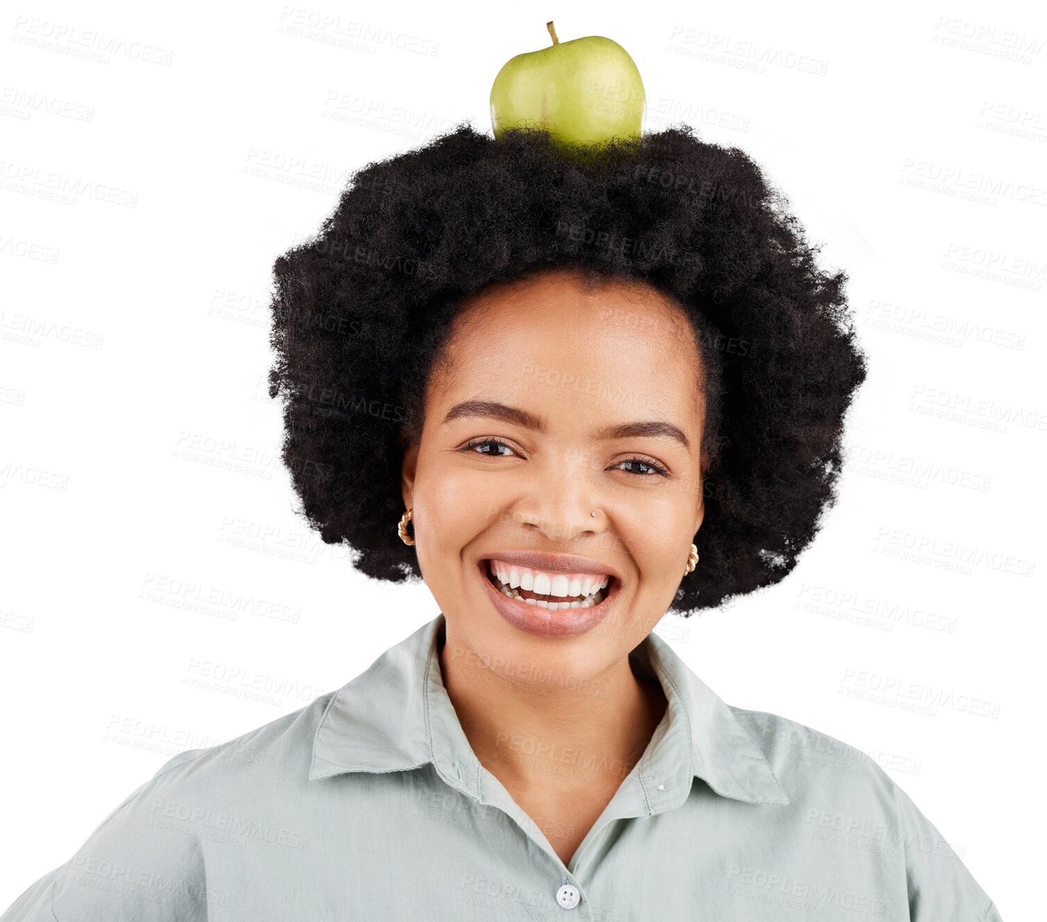 Buy stock photo Portrait, apple and happy black woman with healthy eating, diet or balance on isolated, transparent or png background. Fruit, face and African lady nutritionist with organic snack or lose weight plan