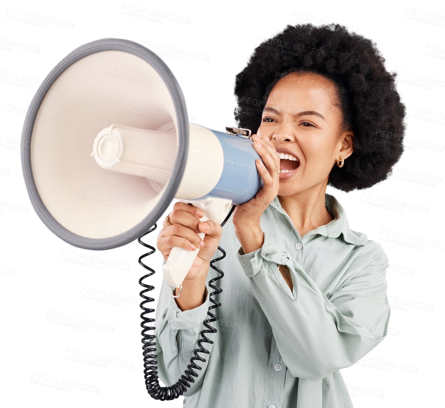 Buy stock photo Megaphone, speech and black woman with news announcement on isolated, transparent or png background. Bullhorn, noise and African female speaker with microphone for protest, change and justice or vote