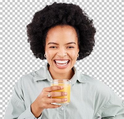 Buy stock photo Portrait, smile or black woman laughing with orange juice for vitamin c isolated transparent png background. Face, glass or happy girl drinking a fresh beverage for healthy nutrition or hydration 