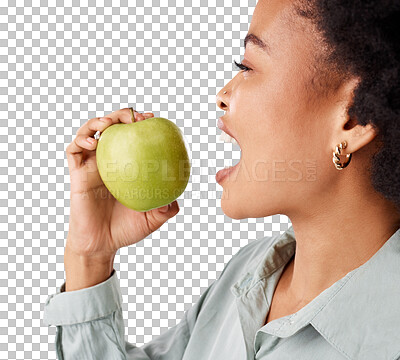 Buy stock photo Bite, apple and black woman with healthy eating, diet or detox on isolated, transparent or png background. Fruit, profile and African lady nutritionist with organic snack for fiber or gut health 