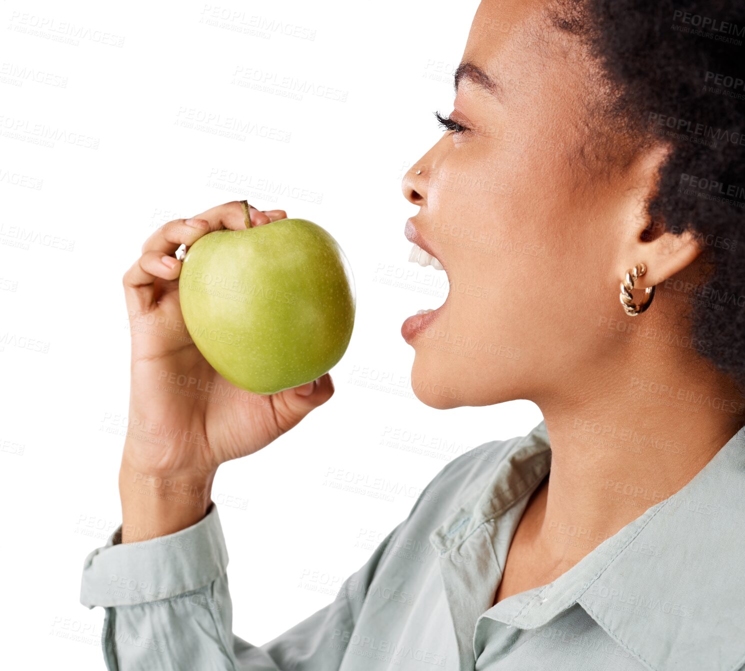 Buy stock photo Bite, apple and black woman with healthy eating, diet or detox on isolated, transparent or png background. Fruit, profile and African lady nutritionist with organic snack for fiber or gut health 