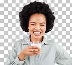 Portrait, woman and smile with milk in studio, white background and backdrop for healthy diet. Female model, glass and calcium of smoothie, vanilla milkshake and nutrition of detox weight loss drink