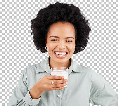 Buy stock photo Portrait, happy or black woman with milk for calcium or weight loss isolated transparent png background. Laughing, smile or girl drinking a smoothie or milkshake for healthy nutrition or hydration 