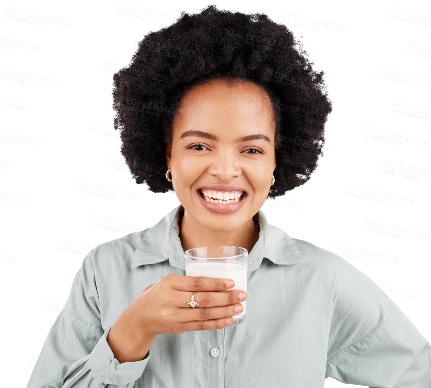 Buy stock photo Portrait, happy or black woman with milk for calcium or weight loss isolated transparent png background. Laughing, smile or girl drinking a smoothie or milkshake for healthy nutrition or hydration 