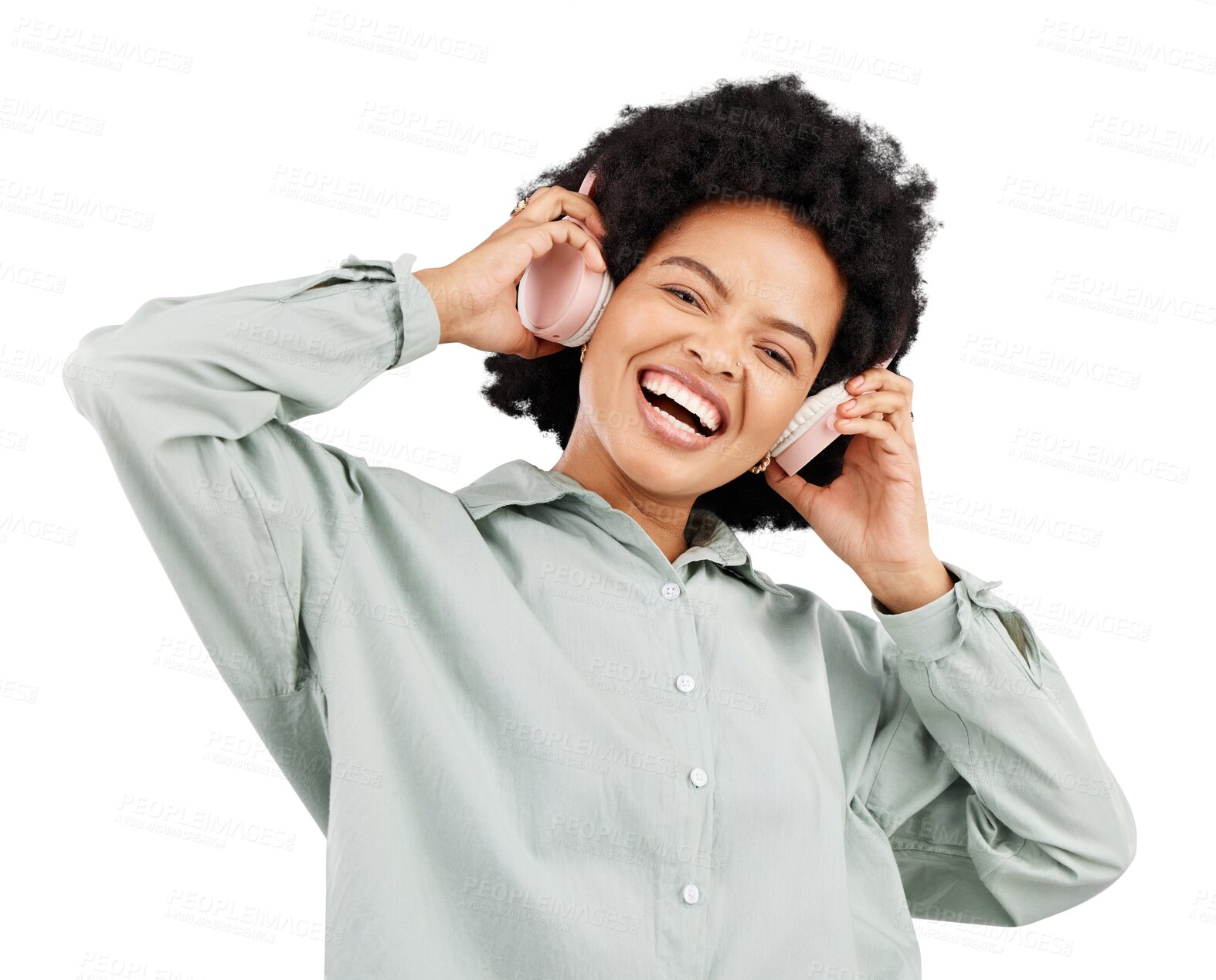 Buy stock photo Music, headphones and portrait of happy black woman with podcast on isolated, transparent or png background. Earphone, face and African lady smile for radio, streaming or online audio or subscription